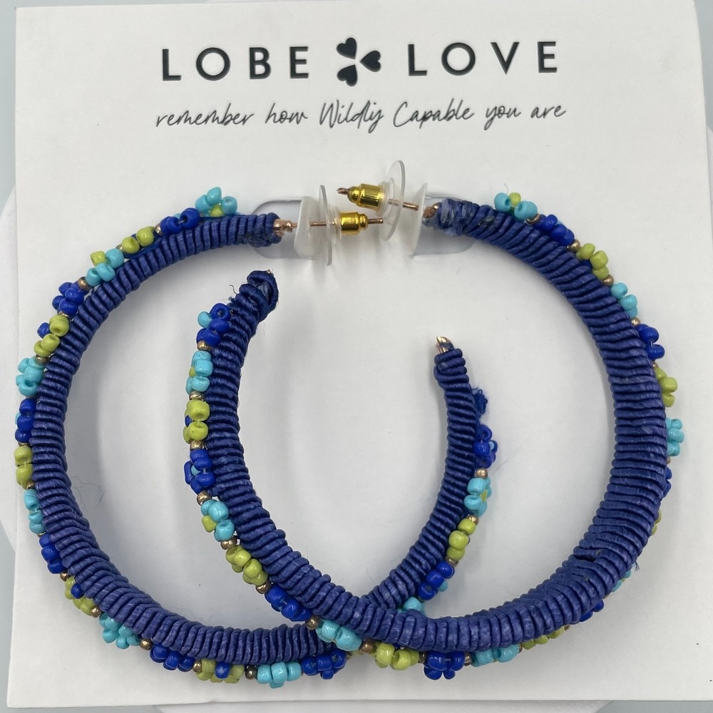 VTG Y2K Lobe Love Blue Cord Wrapped Beaded Flower Hoop Earrings Boho Retro Gift